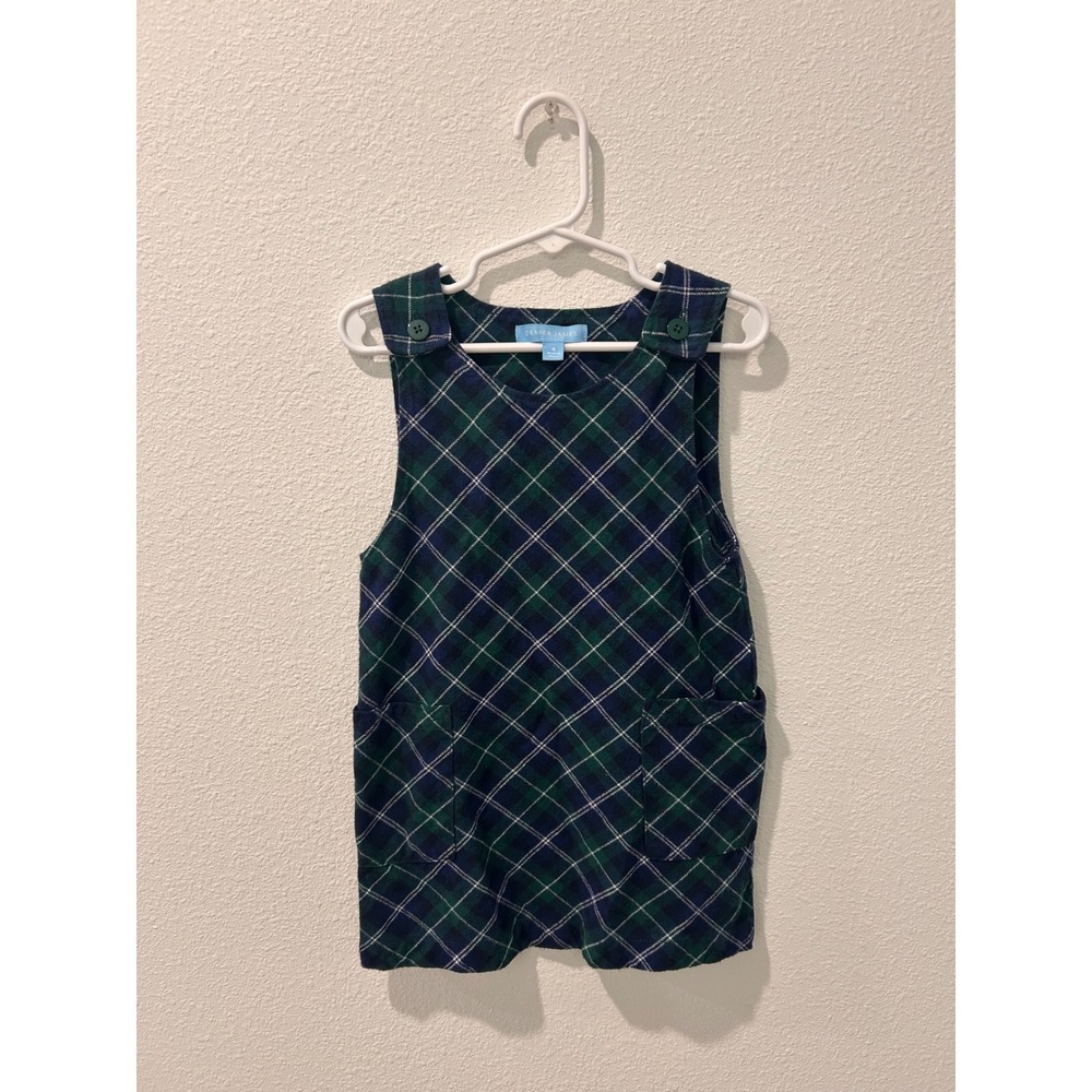 Draper James Girls Green Blue Plaid Jumper Dress Size 4 Pinafore Pockets
